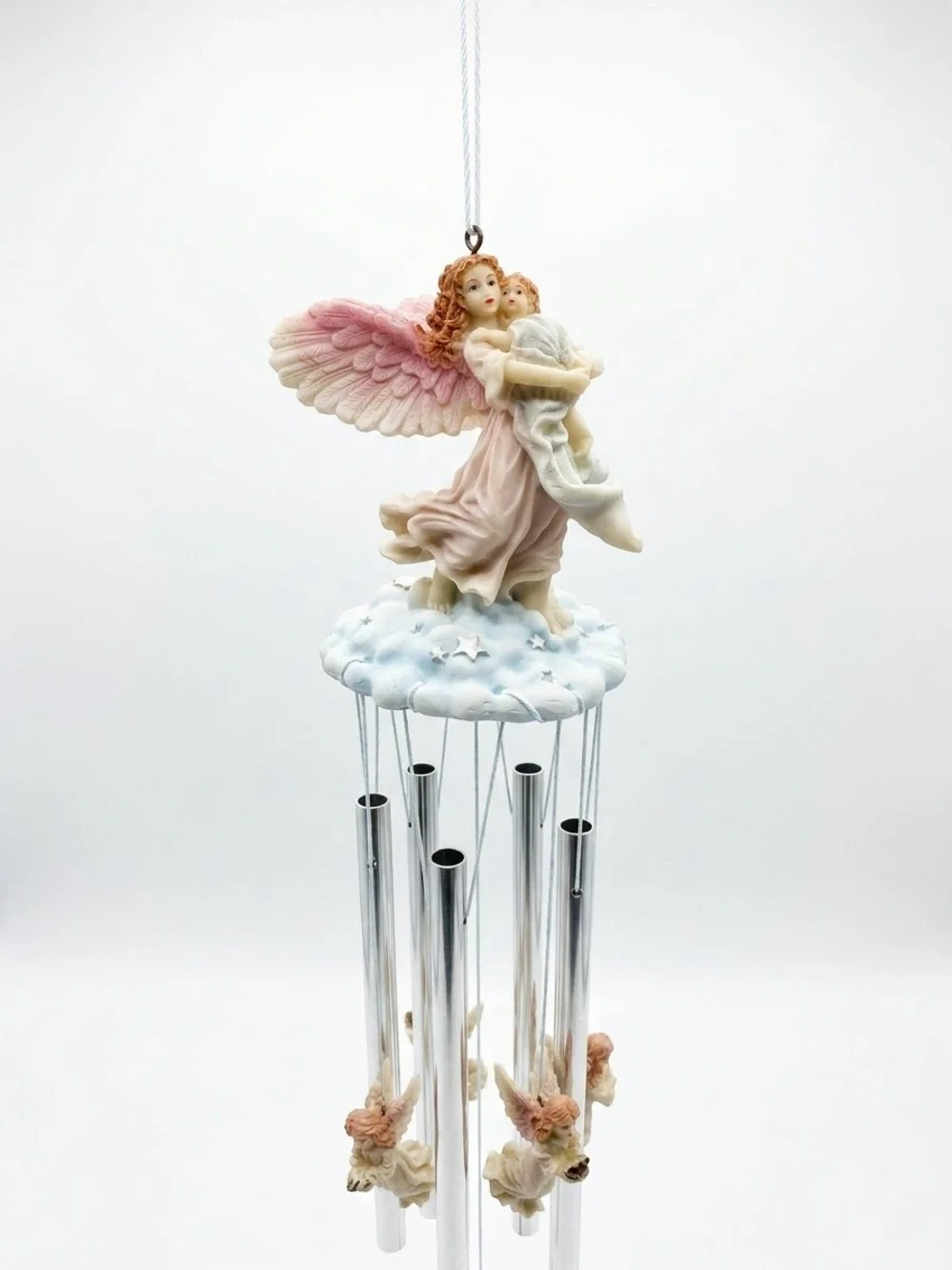 Vintage Resin Angel Holding Baby Wind Chime Cloud Stars Cherub Decor